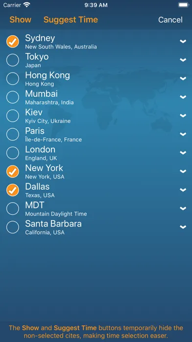 Capturas de tela do TimeScroller - timezone helper