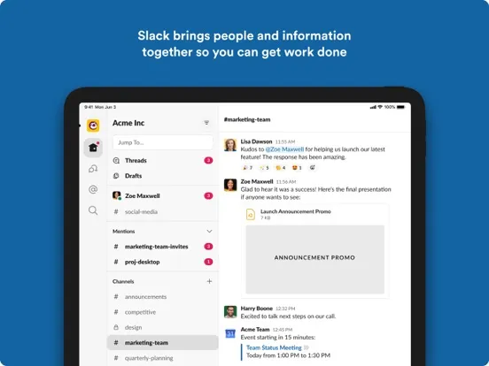 ภาพหน้าจอของ Slack iPad 