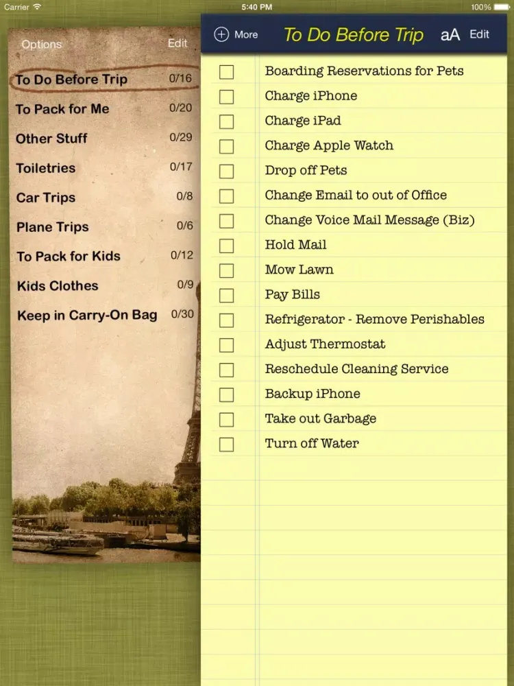 Essential Travel Checklist iPad  Screenshots
