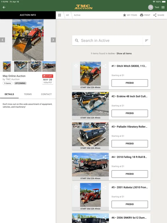 Tangkapan layar TMC Auction iPad 