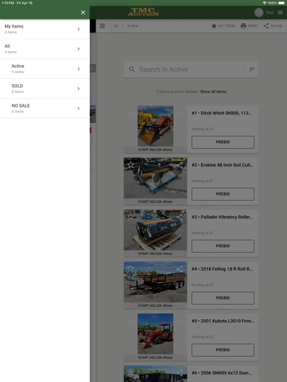 Tangkapan layar TMC Auction iPad 