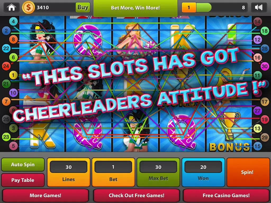 Tangkapan skrin "Cheer Girls Slots of Fun: Supreme Ultra Bonanza 5 reel Slot Machine with Incredible Layout Wins" iPad 