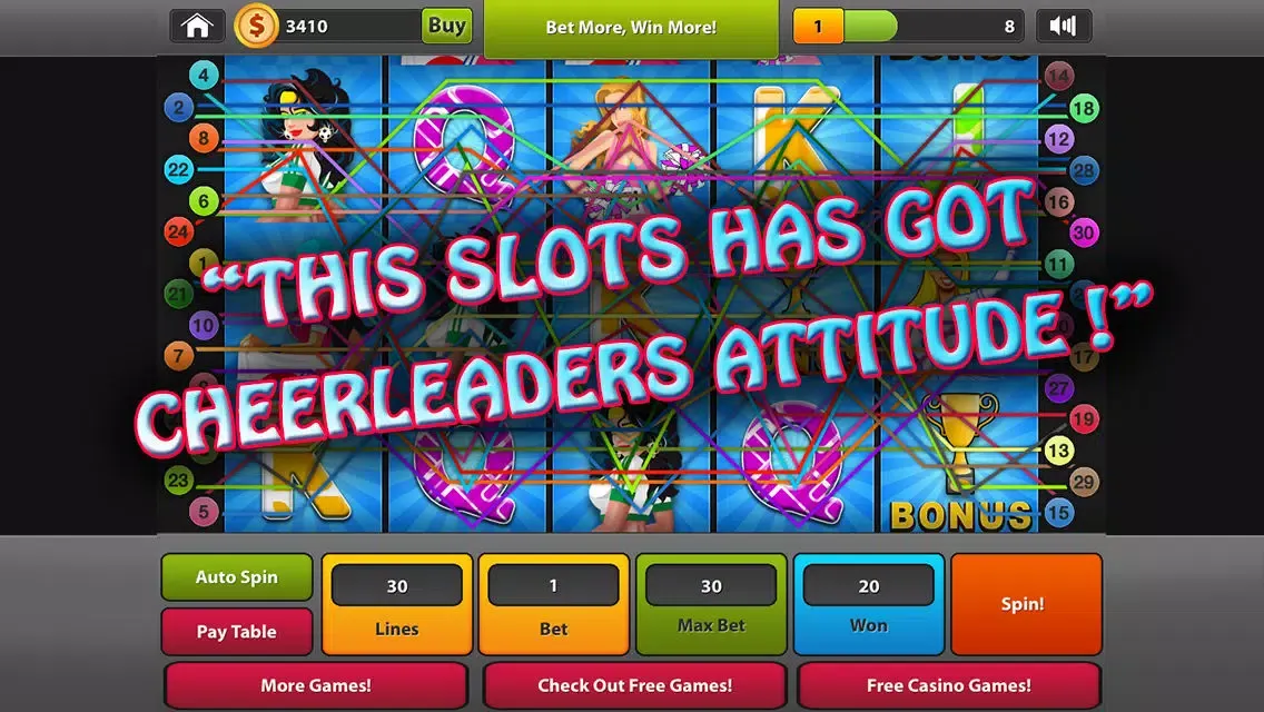 Tangkapan skrin "Cheer Girls Slots of Fun: Supreme Ultra Bonanza 5 reel Slot Machine with Incredible Layout Wins"