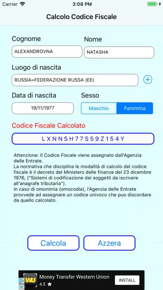CalcolaCodFisc Ekran Görüntüleri