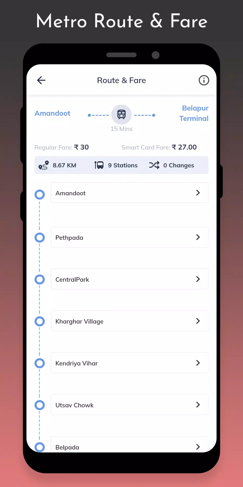 Navi Mumbai Metro Route Fare Screenshots