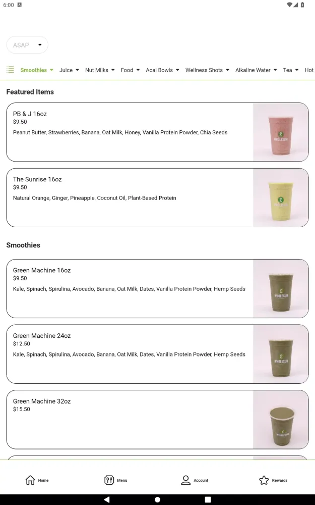 Capturas de pantalla de Wholesum Juice Bar App
