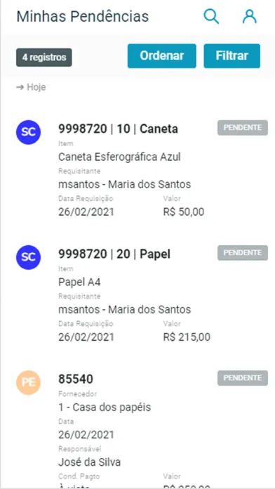 Zrzuty ekranu Minhas Pendências de Aprovação