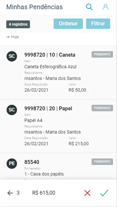 Zrzuty ekranu Minhas Pendências de Aprovação