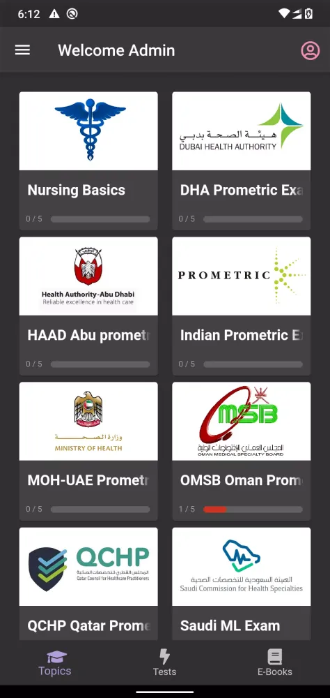 Capturas de tela do Admin - Prometric Testing for