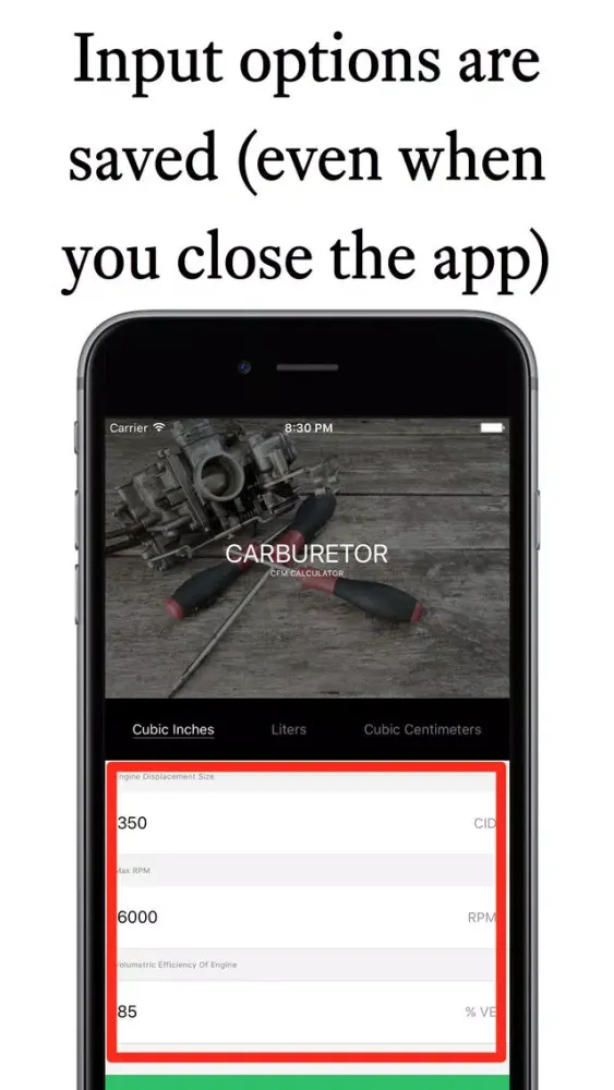 Carburetor CFM Calculator स्क्रीनशॉट