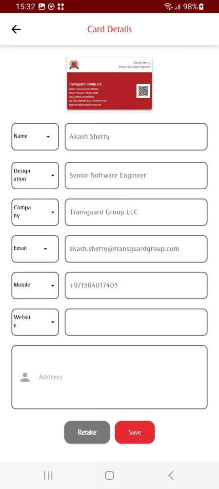 Tangkapan layar Transguard Business Card