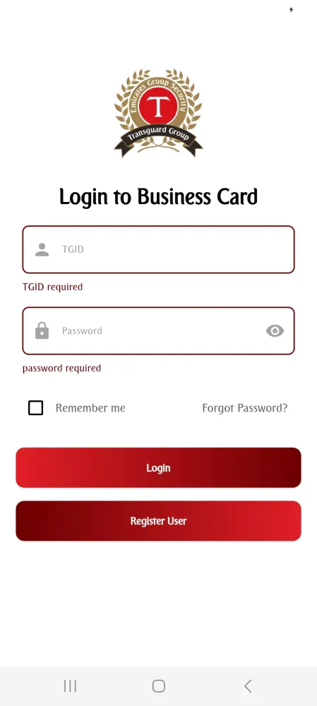 Tangkapan layar Transguard Business Card