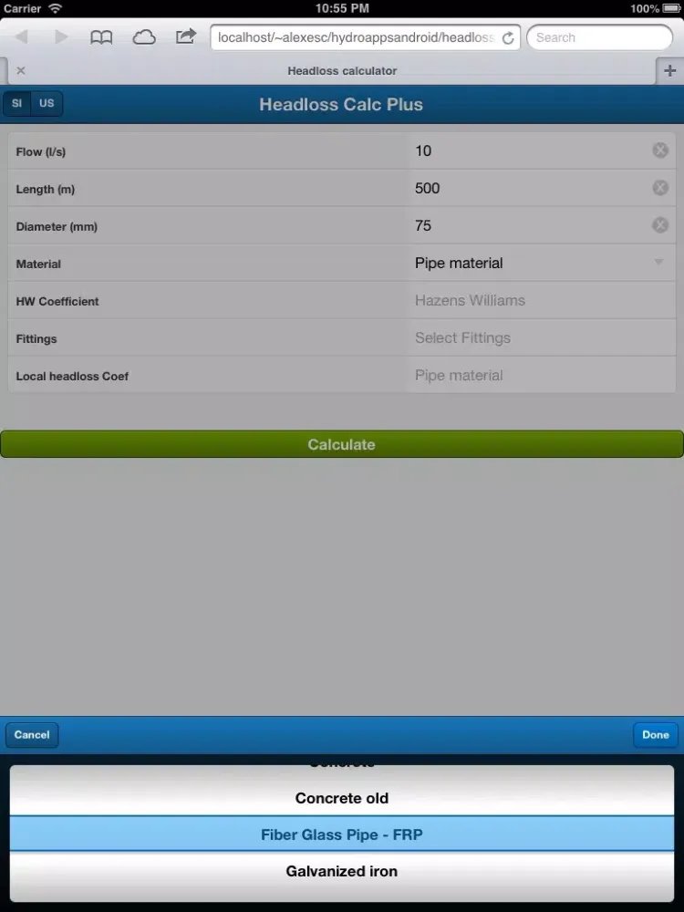Capturas de tela do Headloss calculator iPad 