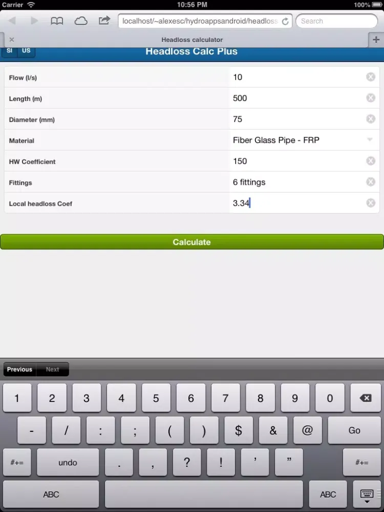 Capturas de tela do Headloss calculator iPad 