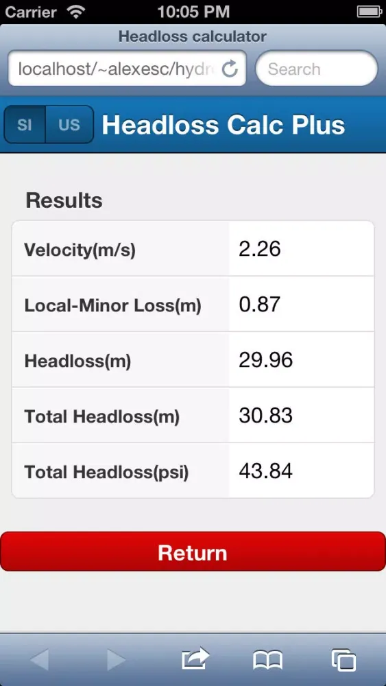 Capturas de tela do Headloss calculator