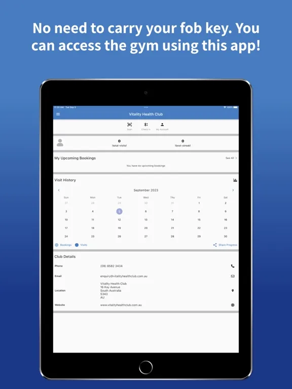 Tangkapan layar Vitality Health Club iPad 