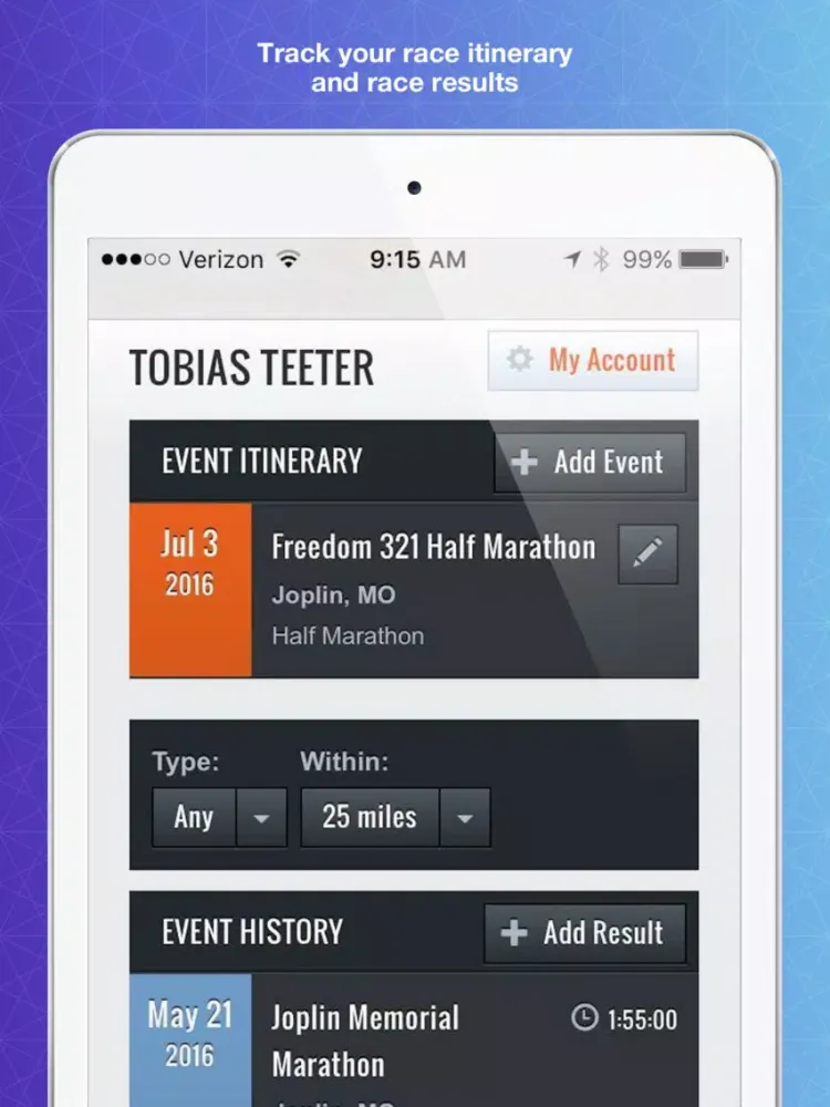 Tangkapan skrin My Races - Race itinerary, results, personal records, and goal management for runners, cyclists, and triathletes iPad 