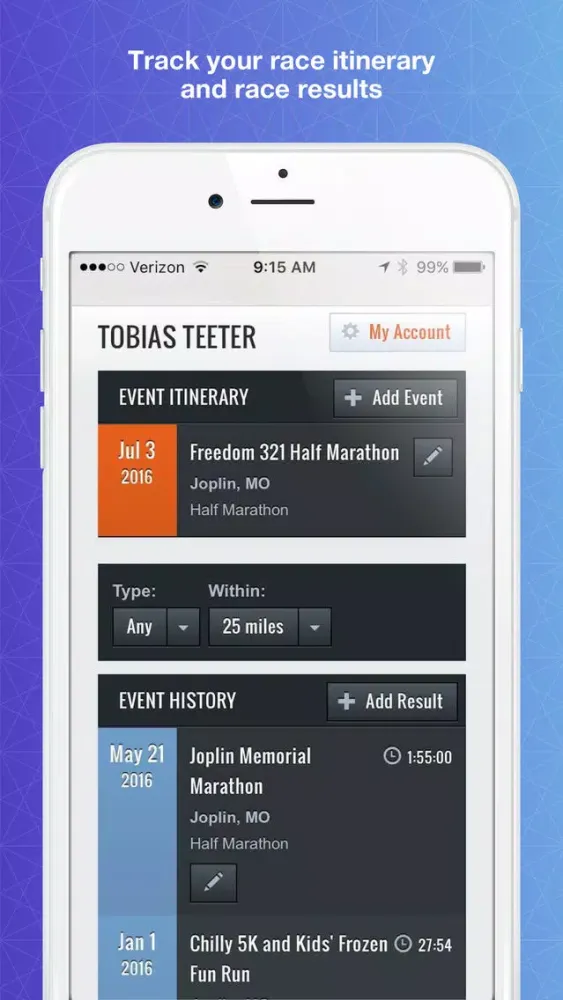 Tangkapan skrin My Races - Race itinerary, results, personal records, and goal management for runners, cyclists, and triathletes