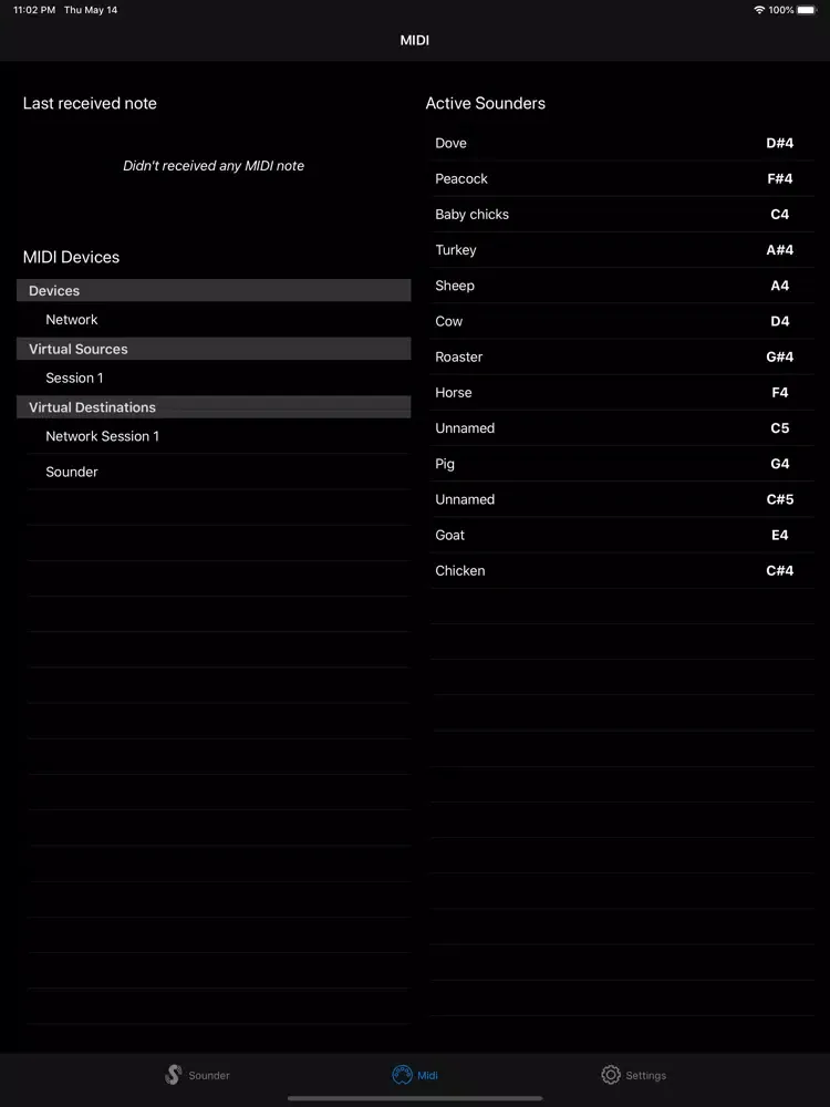 Tangkapan layar MIDI Sounder iPad 