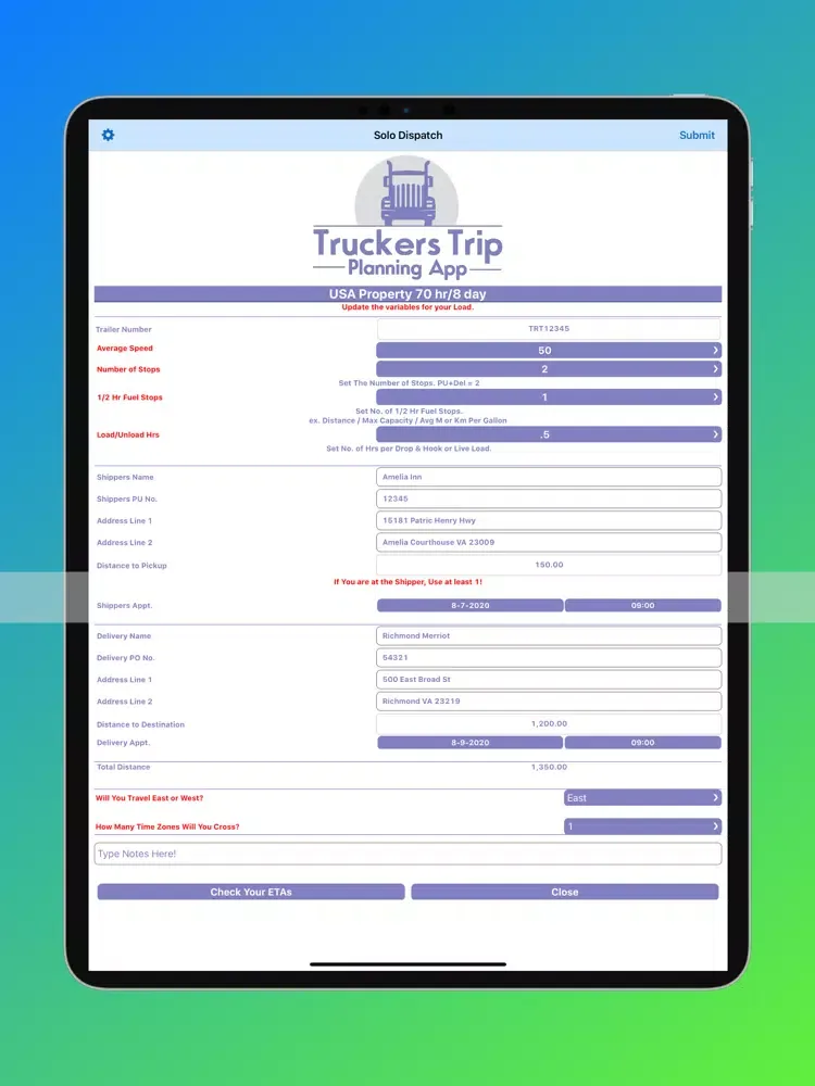 Tangkapan layar ETA PTA Calculator Solo iPad 