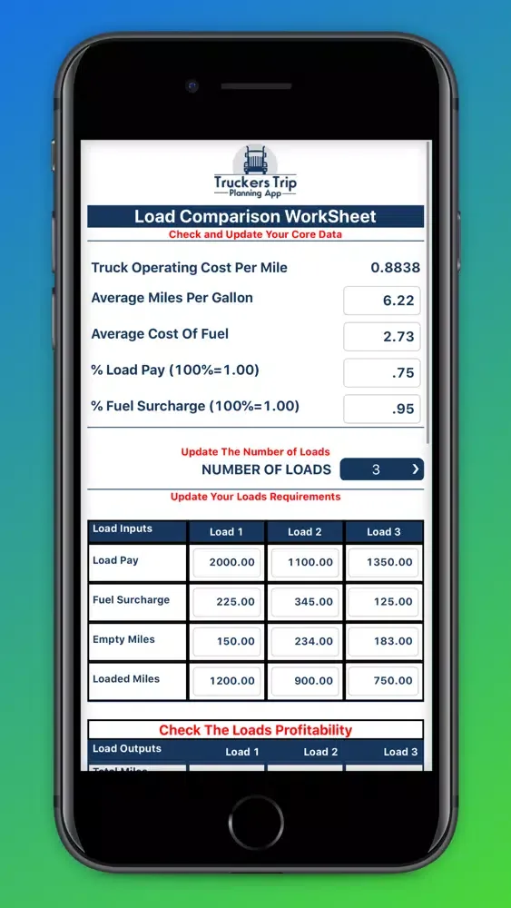 Capturas de tela do Load Comparison App
