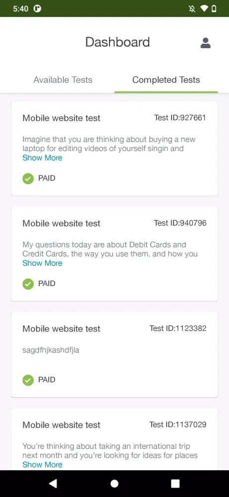 Trymata Testing Screenshots