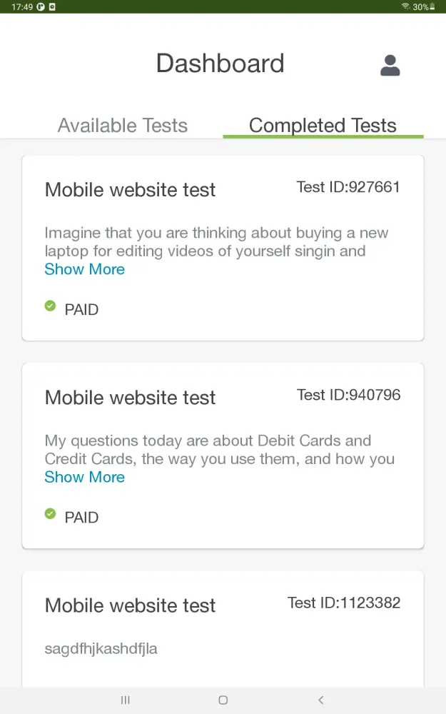 Trymata Testing Screenshots
