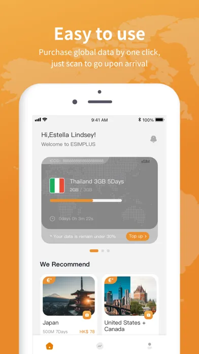 Capturas de tela do ESIMPLUS-Roaming Data
