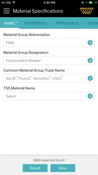 Ảnh chụp màn hình của Sealing Materials Selector