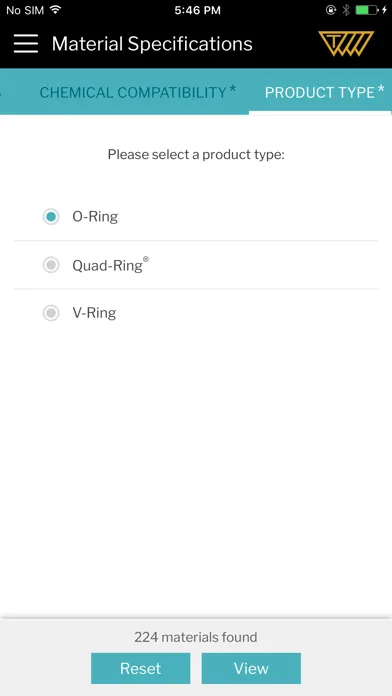 Ảnh chụp màn hình của Sealing Materials Selector
