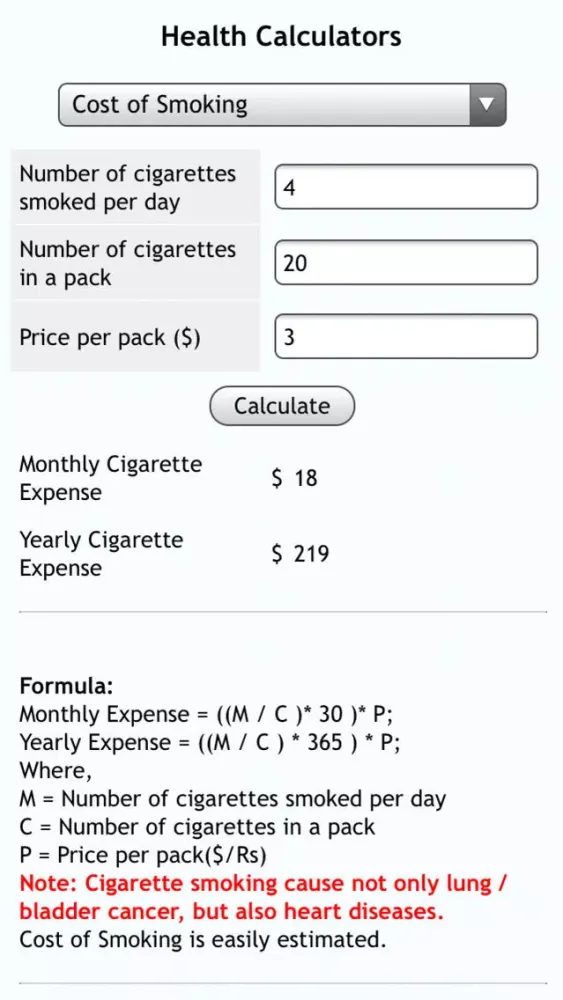 ภาพหน้าจอของ Health Calculators