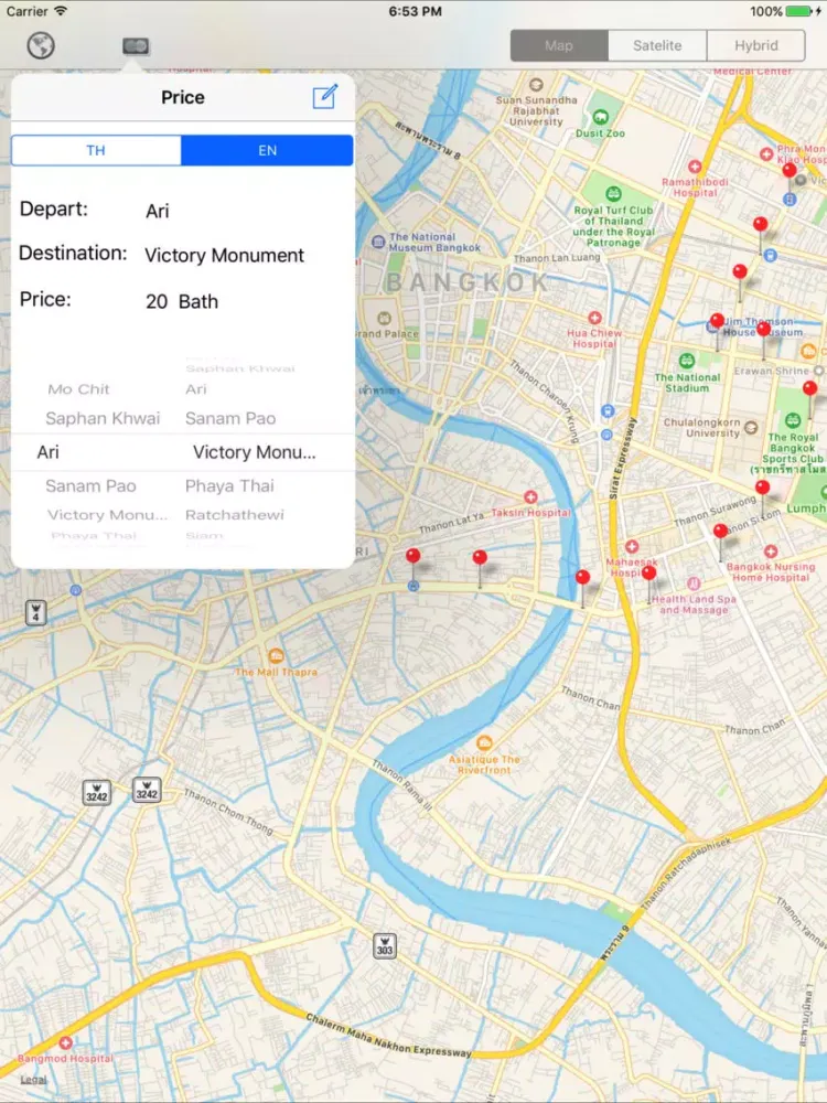 Ảnh chụp màn hình của Thai Skytrain (BTS) - ข้อมูลเส้นทางเดินรถไฟฟ้าไทย iPad 