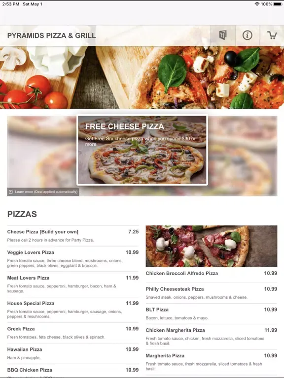 ภาพหน้าจอของ Pyramid Pizza and Grill iPad 