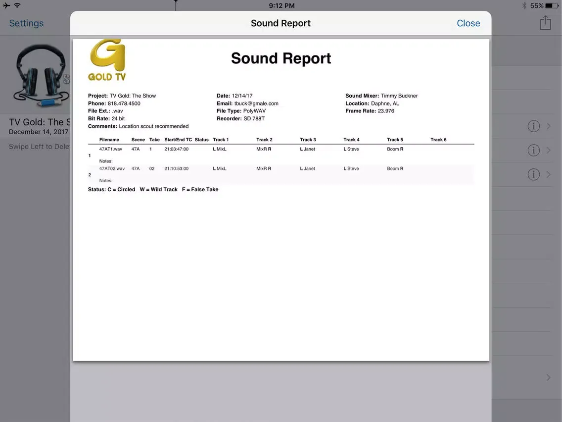 Tangkapan skrin Sound Report Writer iPad 