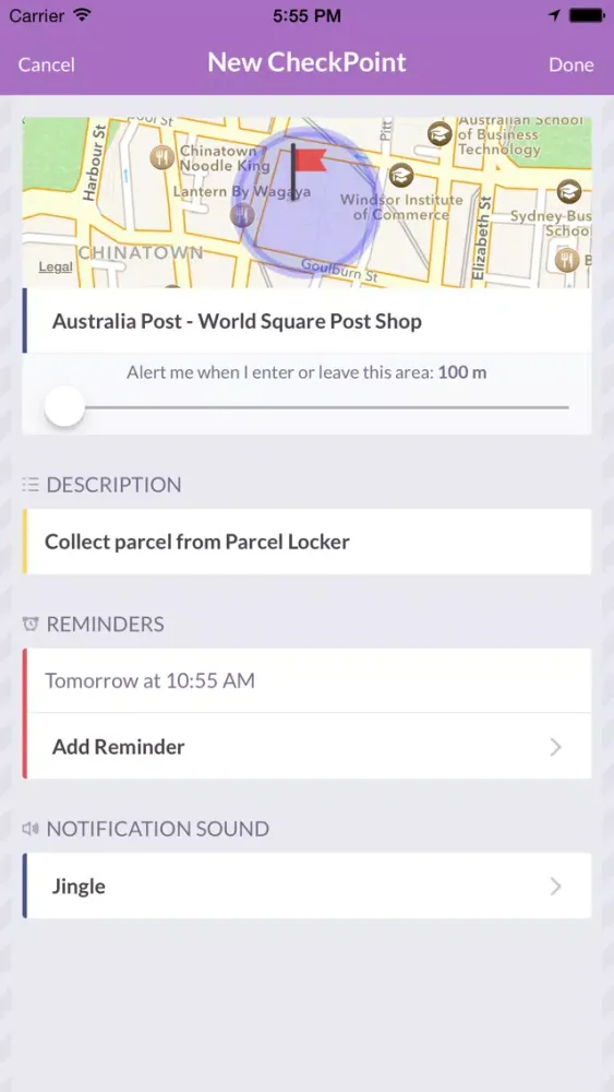 Tangkapan layar CheckPoint: Location-based Reminders