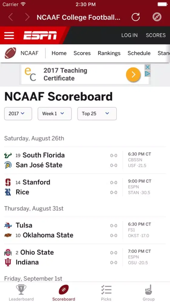 ภาพหน้าจอของ CAPS College Football Pick 'em