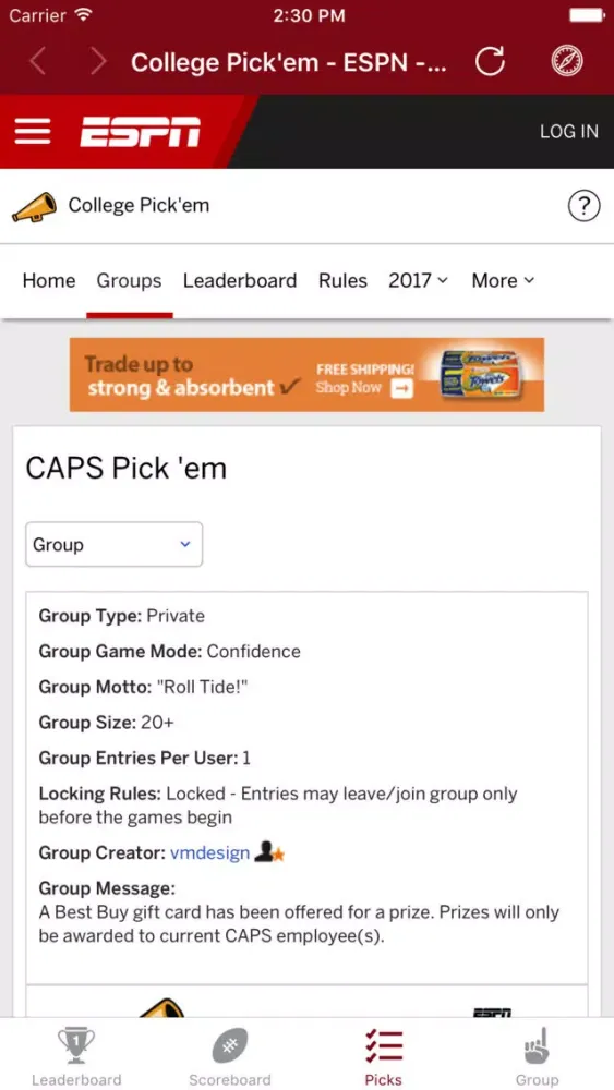 ภาพหน้าจอของ CAPS College Football Pick 'em