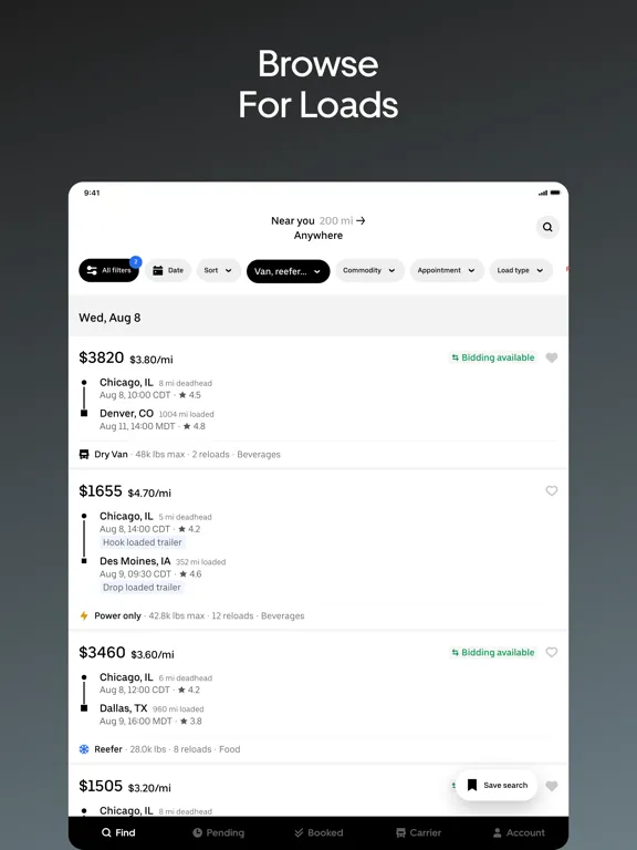 Ảnh chụp màn hình của Uber Freight iPad 