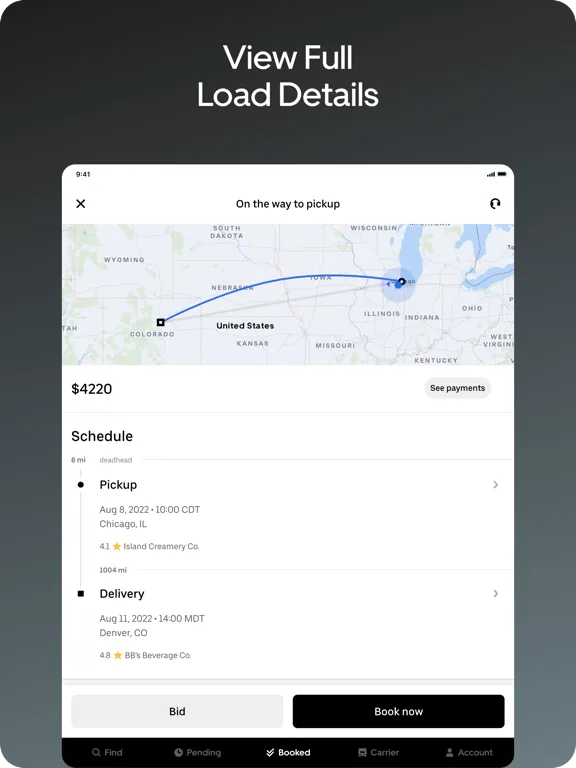 Ảnh chụp màn hình của Uber Freight iPad 