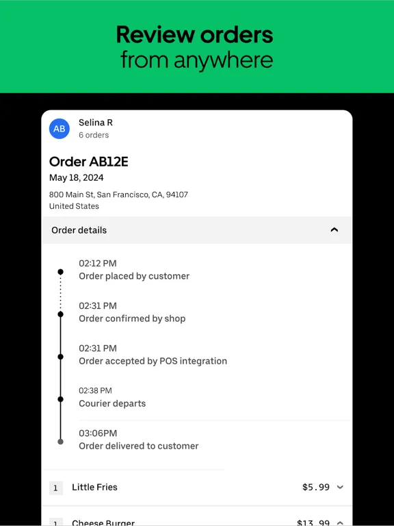 Tangkapan layar Uber Eats Manager iPad 