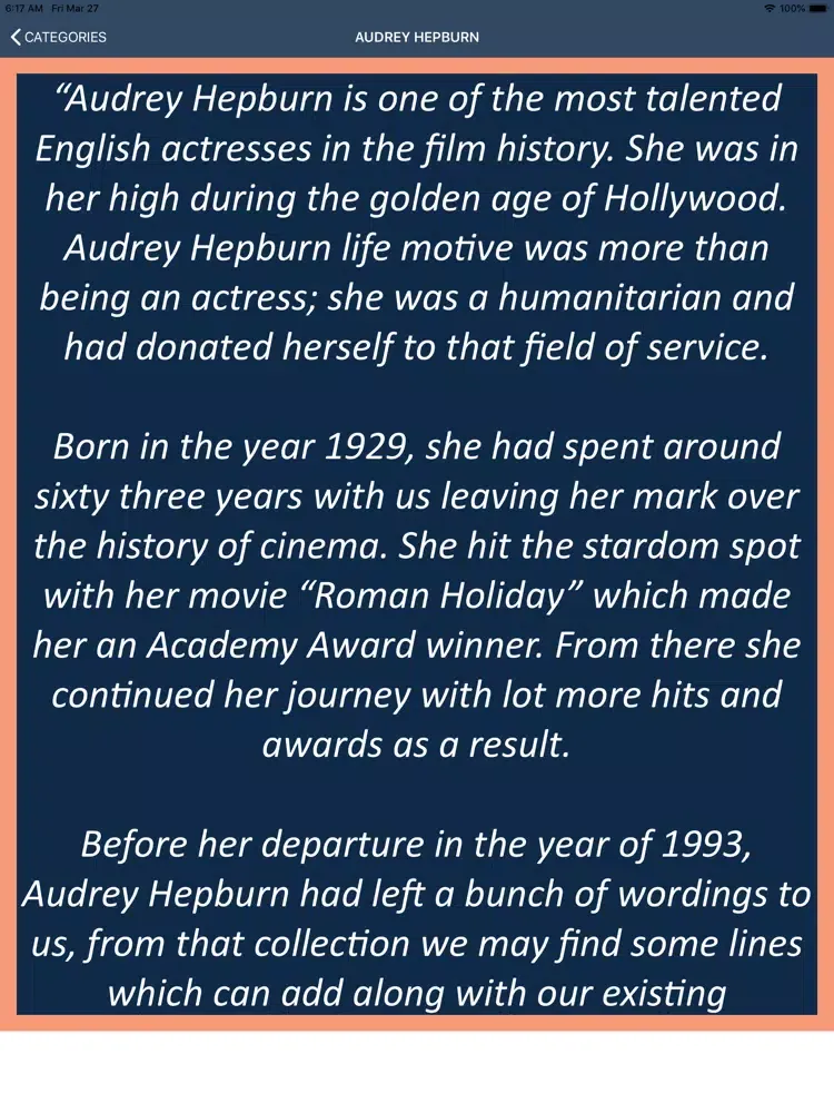 Audrey Hepburn’s Life Guide iPad  سکرین شاٹس