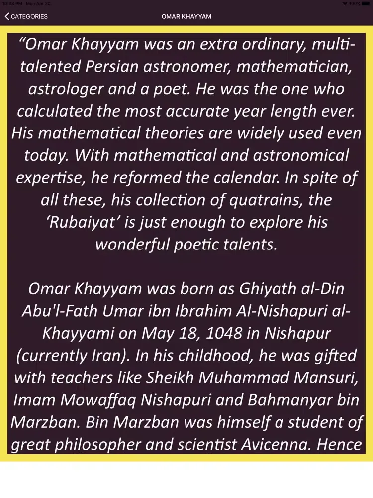 Ảnh chụp màn hình của Analects of Omar Khayyam iPad 