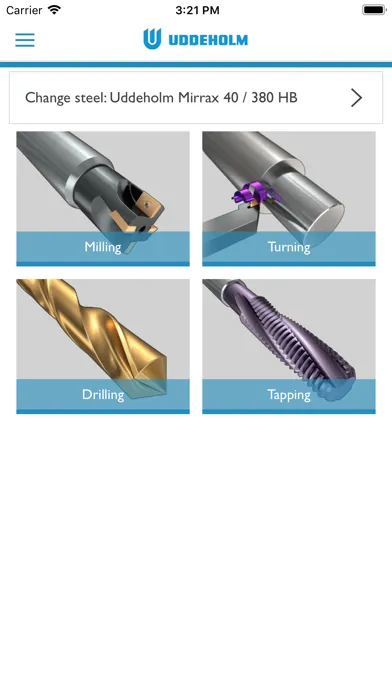 Capturas de tela do Uddeholm Machining Guideline