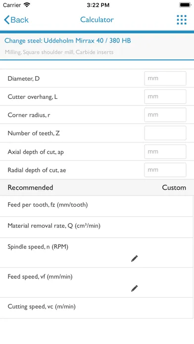 Capturas de tela do Uddeholm Machining Guideline