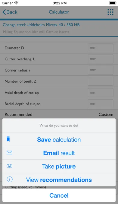 Capturas de tela do Uddeholm Machining Guideline