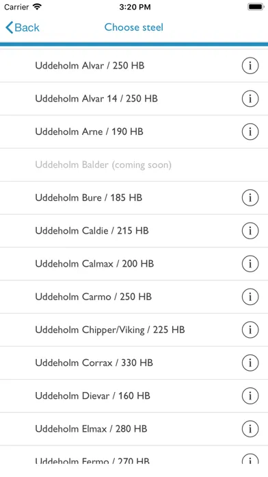 Capturas de tela do Uddeholm Machining Guideline