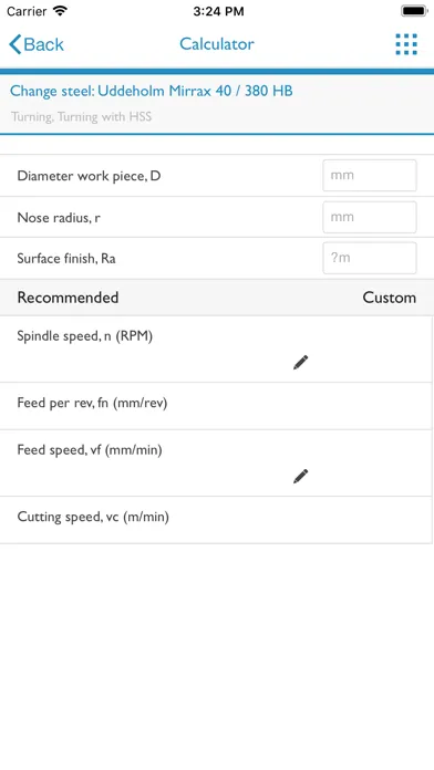 Capturas de tela do Uddeholm Machining Guideline