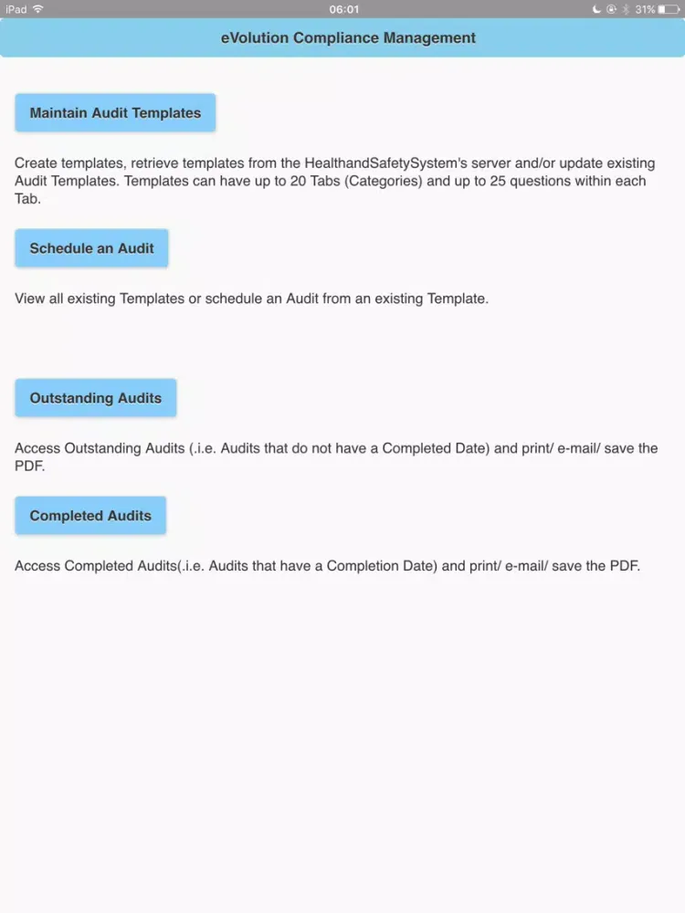 eVolution Compliance iPad Screenshots