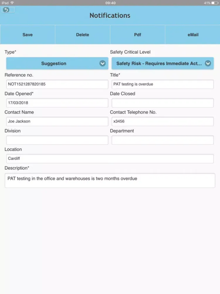 eVolution Safety Notifications iPad Screenshots