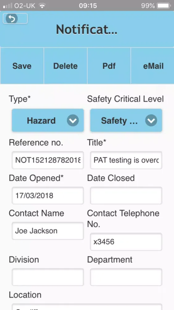 eVolution Safety Notifications Screenshots